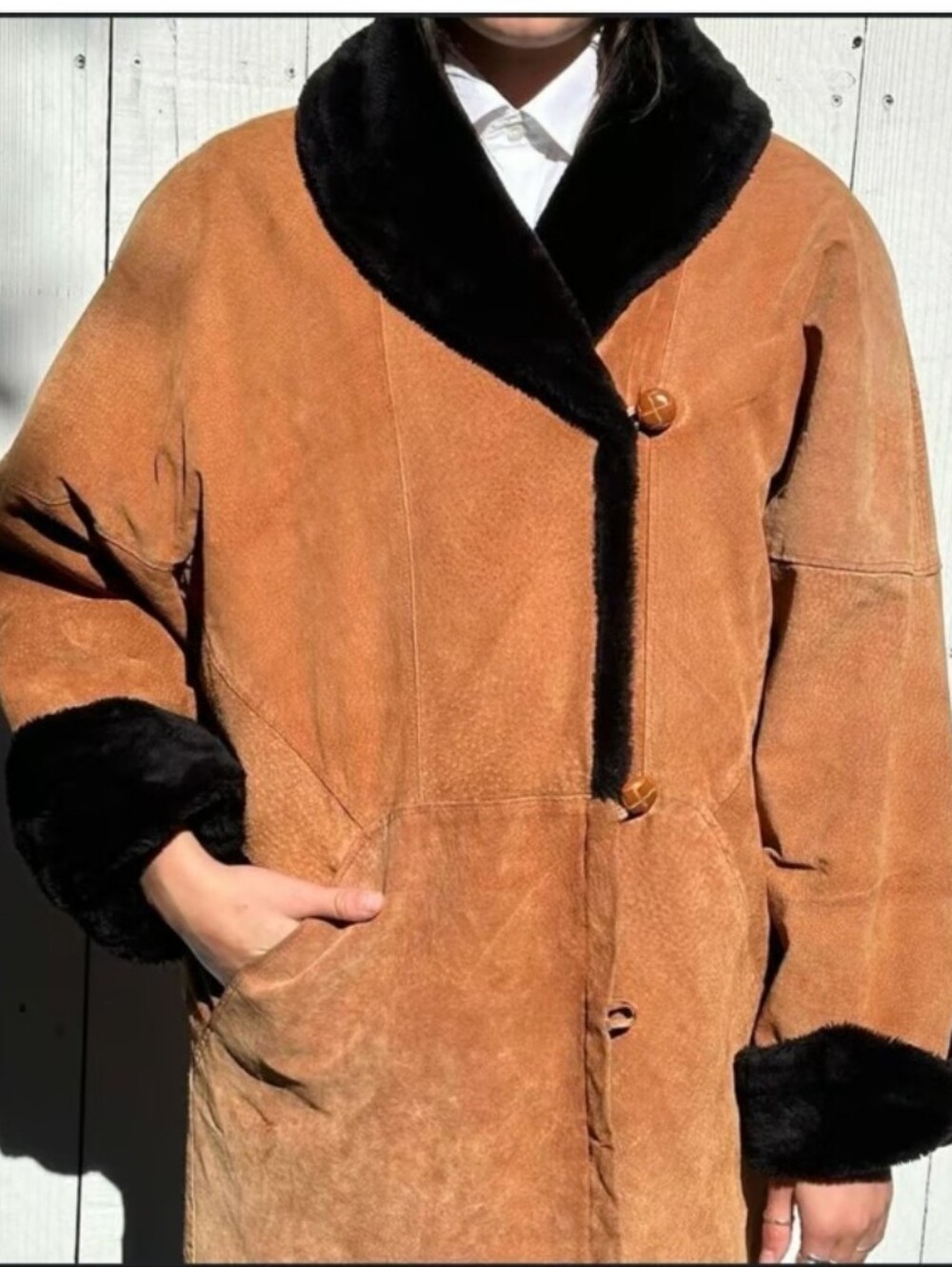 R.Z.R Womens Leather Coat Lined, Pockets Faux Fur Brown With Black Trim